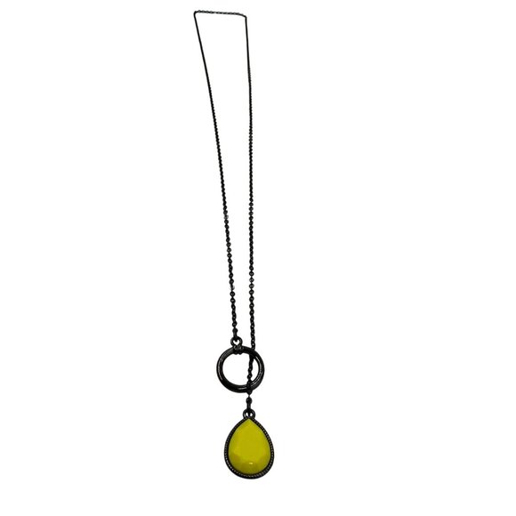 Lariat Necklace Jewelry - Vintage Antique Tone 26" Lariat Necklace with Yellow Acrylic Tear Drop Charm
